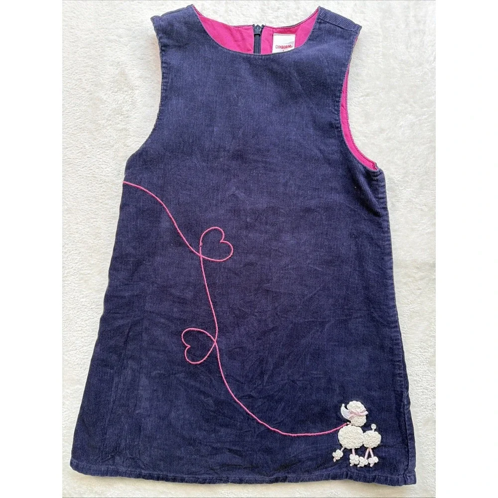 Gymboree Girls Poodle Jumper Dress Corduroy Heart Dog Navy Size 5